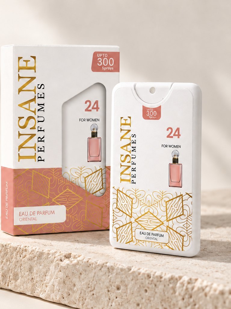 Insane Perfumes 20ml pocket perfume beside its box on a stone ledge