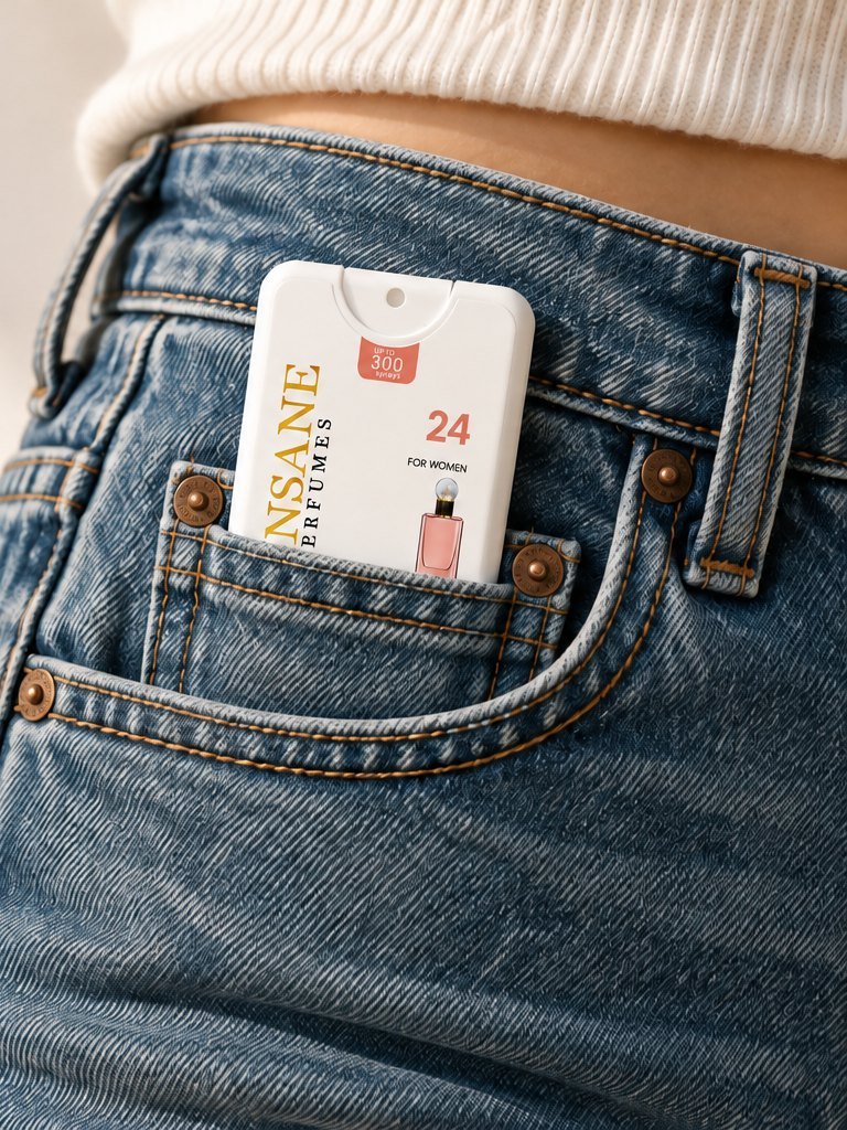 A 20ml pocket perfume in the coin pocket of a pair of jeans