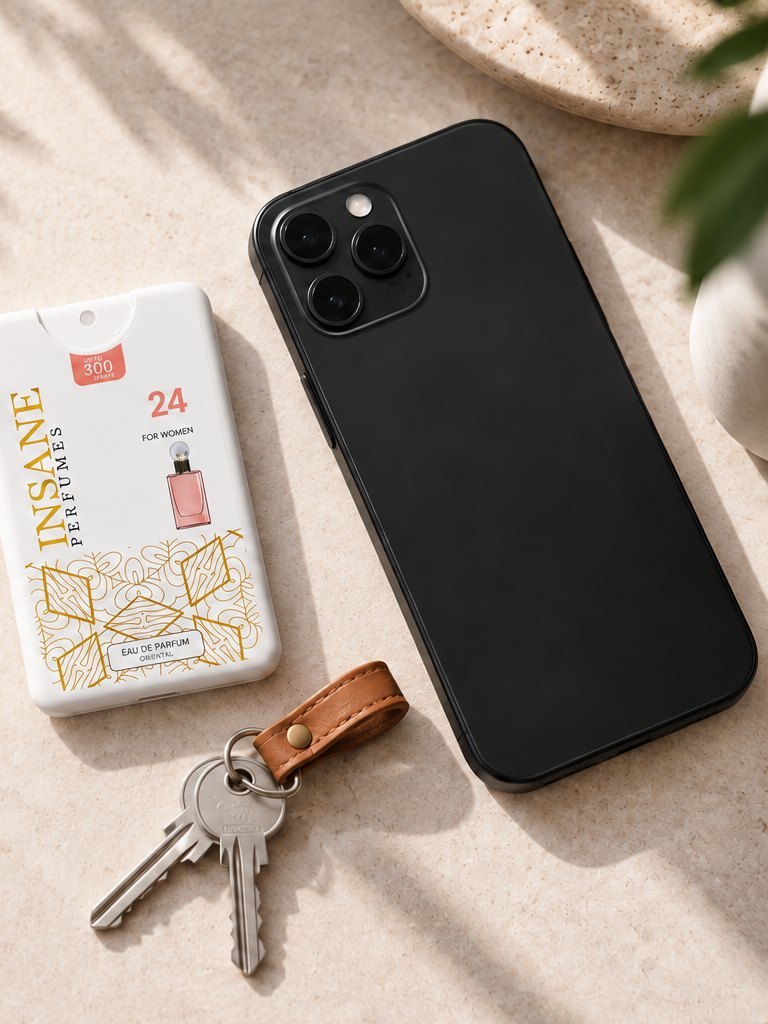A 20ml pocket perfume next to a phone and a set of keys