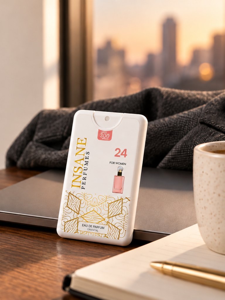 A 20ml pocket perfume on a desk beside a laptop and a coffee