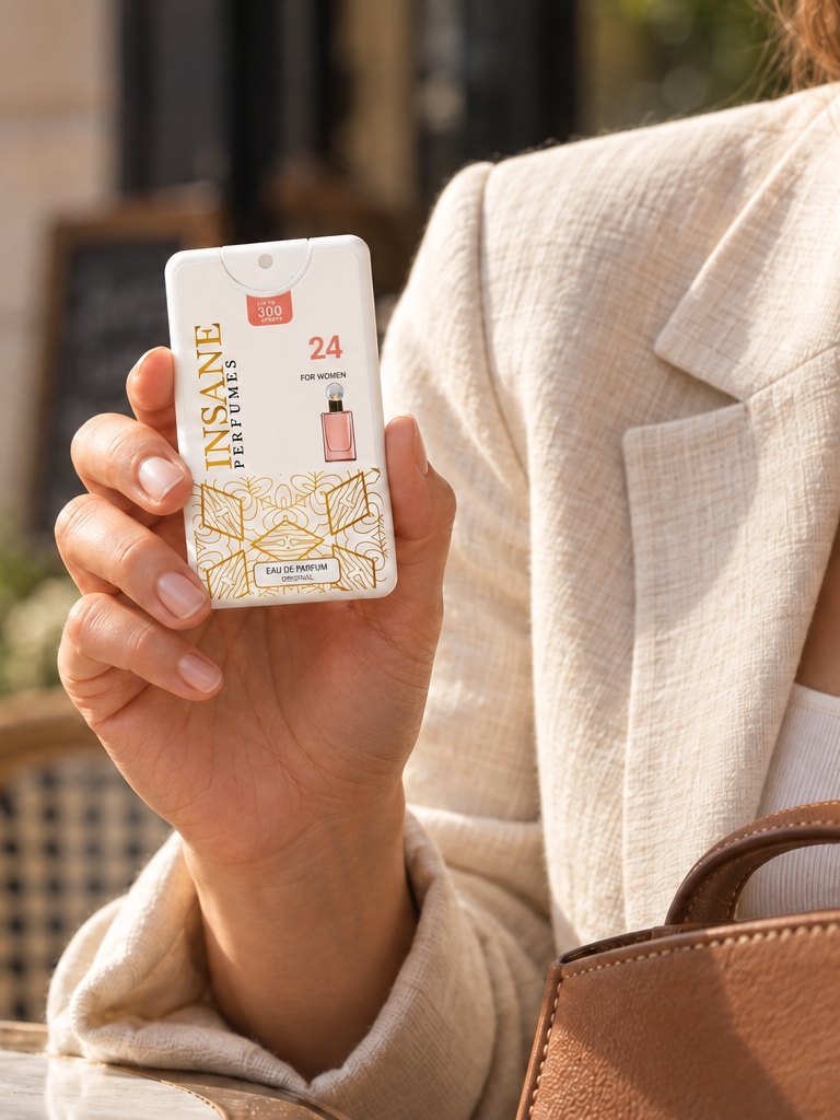 A woman holding a 20ml pocket perfume at a cafe table