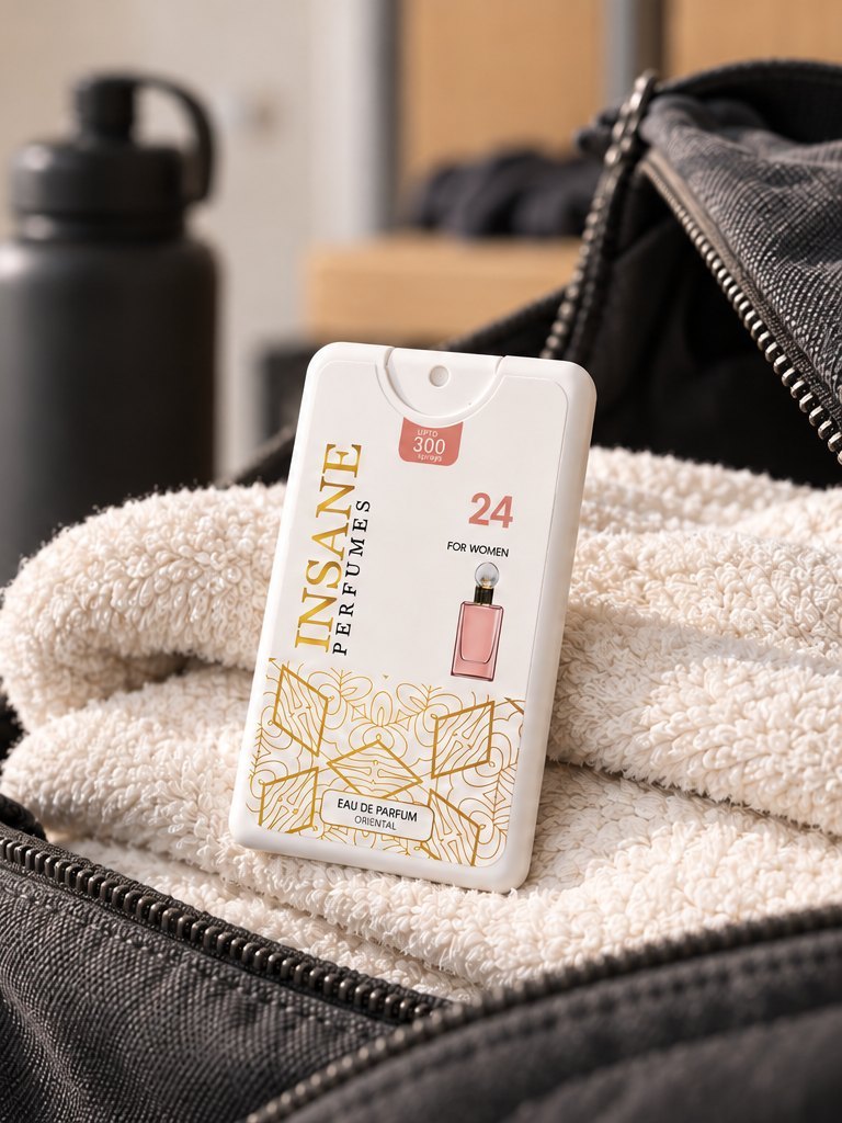 A 20ml pocket perfume on a folded towel in a gym bag