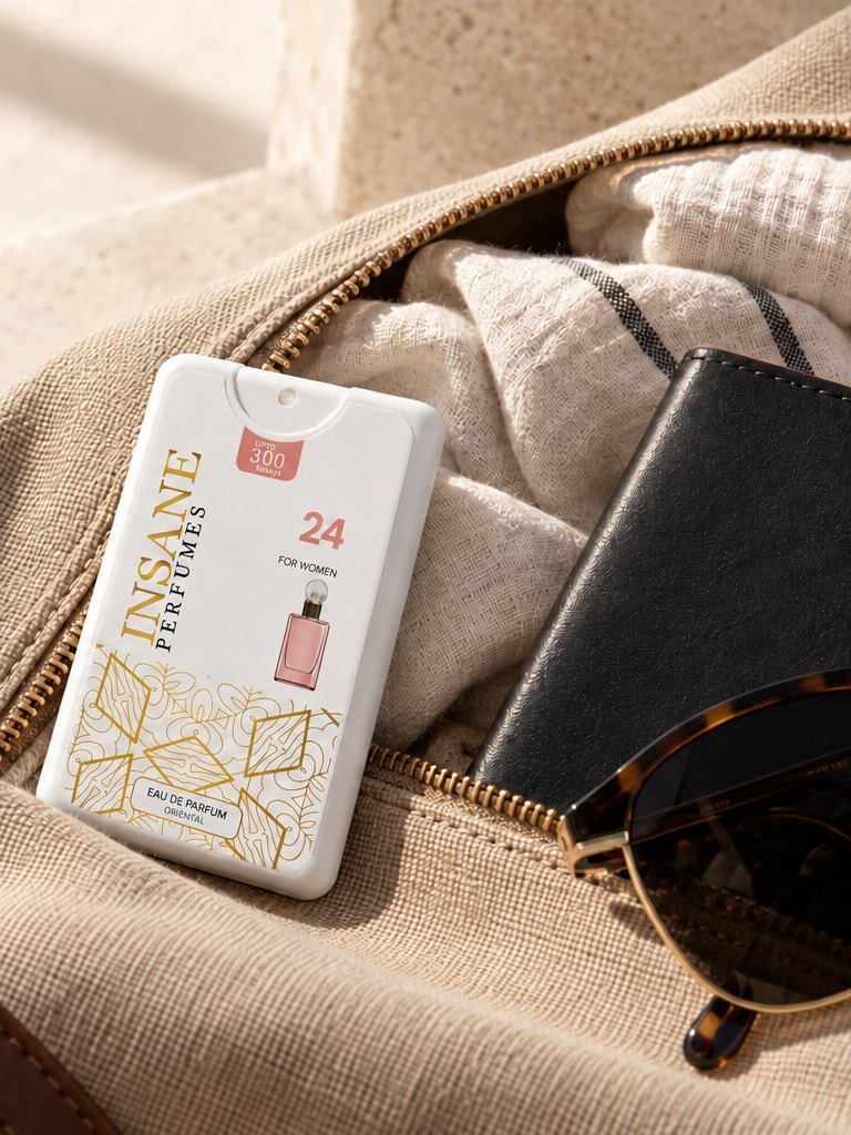 A 20ml pocket perfume packed in a weekend bag with sunglasses