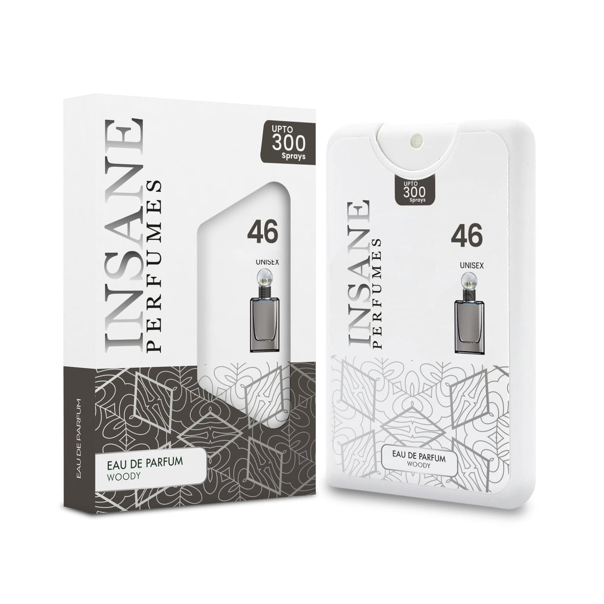 Insane Perfumes No.46 20ml pocket perfume spray and box, inspired by Oud Wood